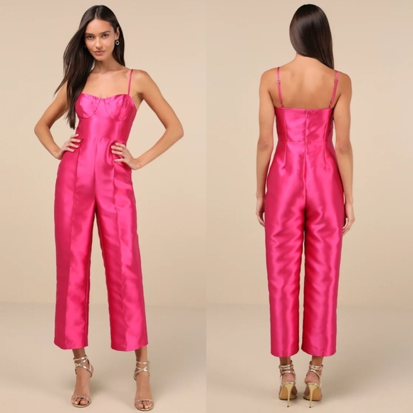 Lulus Contemporary Pose Hot Pink Taffeta Bustier Sleeveless Jumpsuit S Wedding - Picture 1 of 9